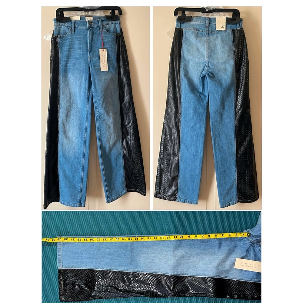 Alice + Olivia Max Vegan Leather Denim Jeans Combo Wide Leg Blue Black Pant - Picture 8 of 17